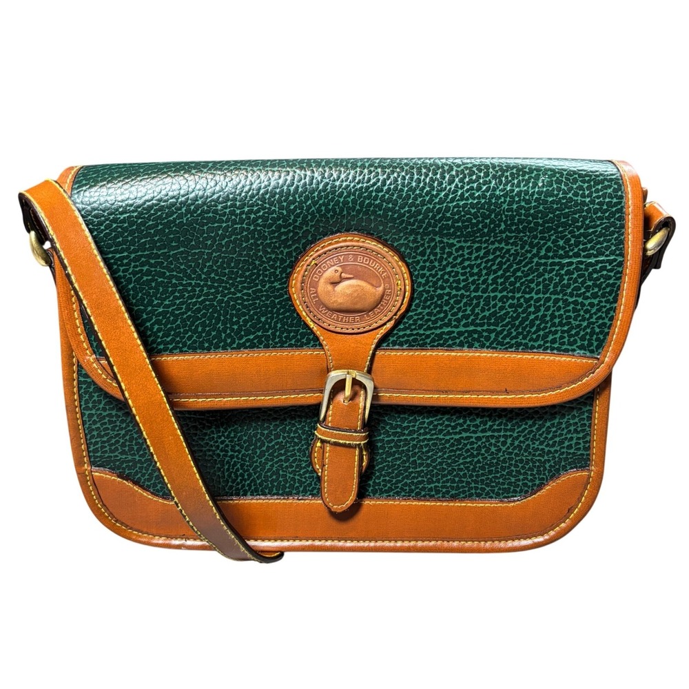 Dooney & Bourke Vtg All Weather Leather Crossbody Surrey Bag Green‎ British Tan